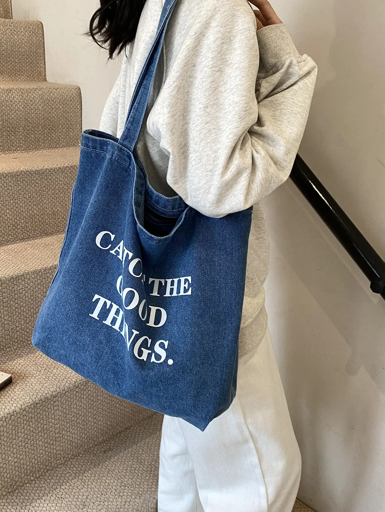 Denim Tote Bag "Catch The Good Things" Black Women - Image 5