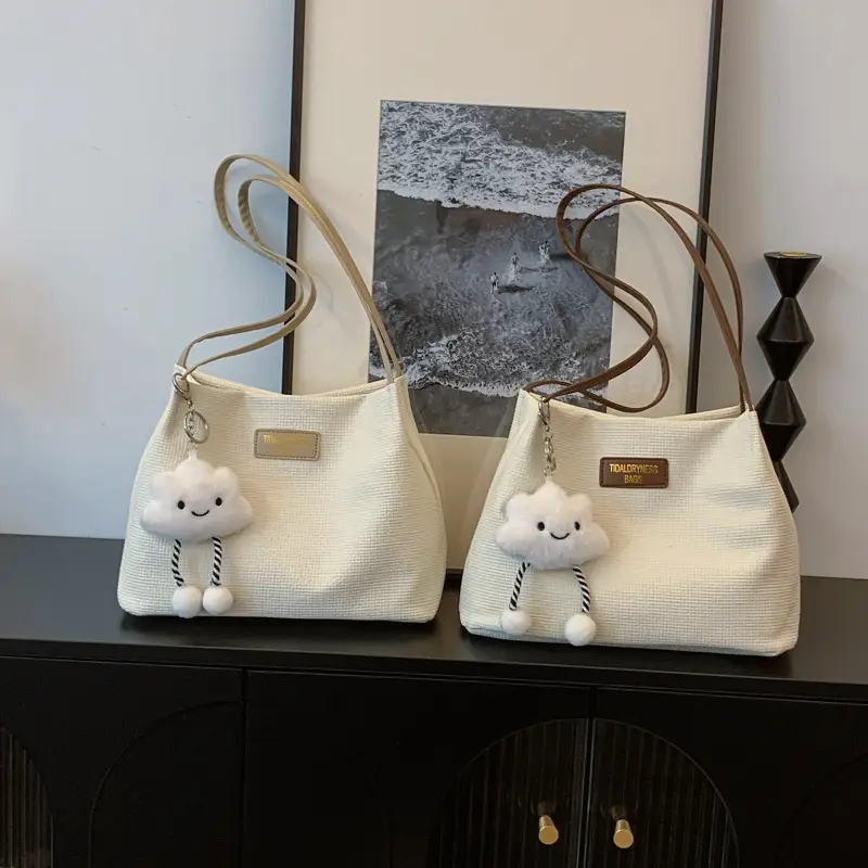 Women's Cream Textured Shoulder Bag Large Capacity - Image 5