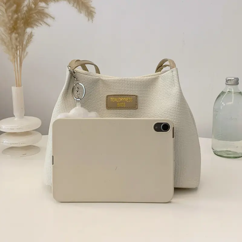 Women's Cream Textured Shoulder Bag Large Capacity - Image 7