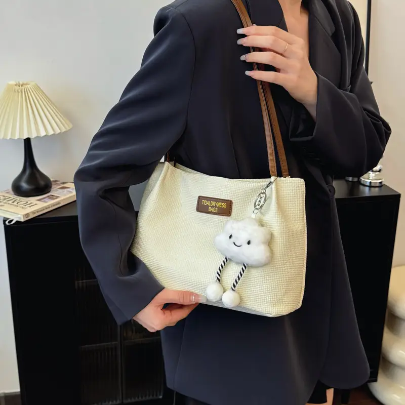 Women's Cream Textured Shoulder Bag Large Capacity - Image 8