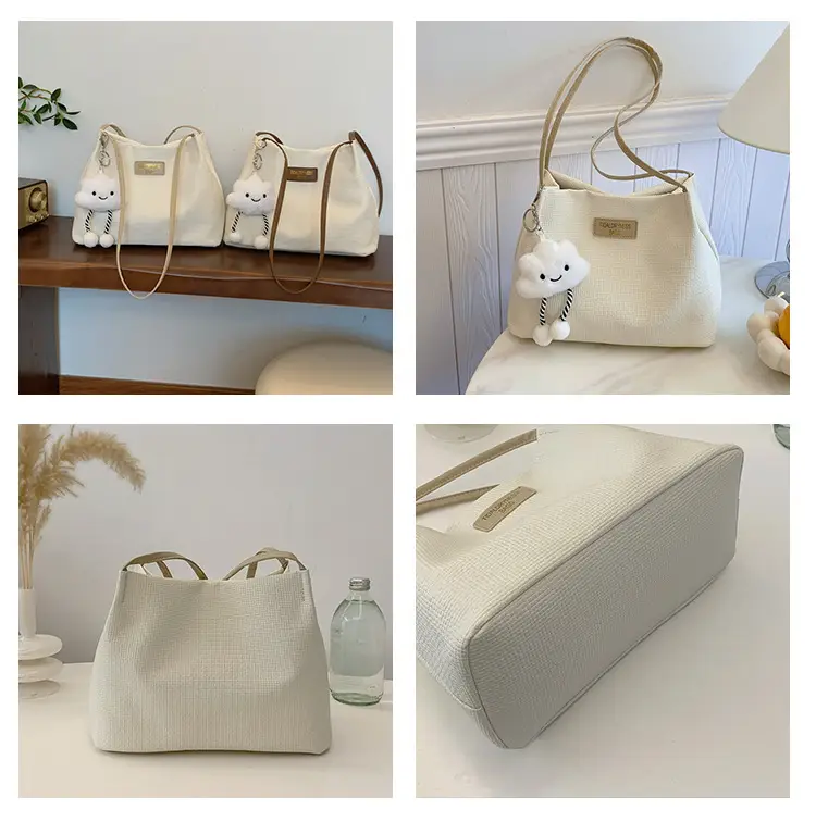 Women's Cream Textured Shoulder Bag Large Capacity — feature 8