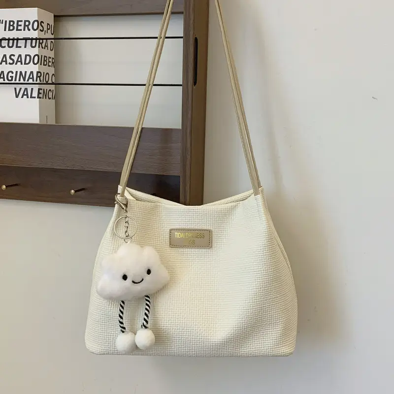 Women's Cream Textured Shoulder Bag Large Capacity - Image 3