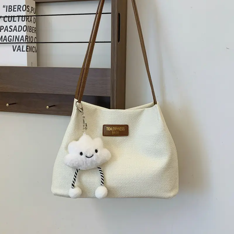 Women's Cream Textured Shoulder Bag Large Capacity - Image 4