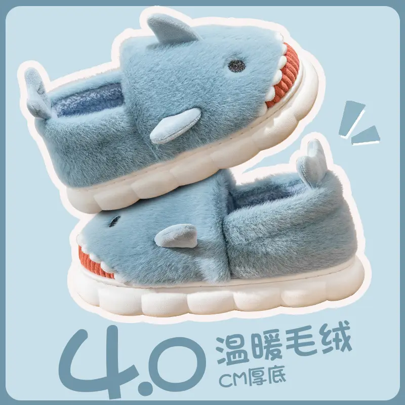 Blue Shark Cartoon Cotton Slippers for Women Winter Indoor - Image 3