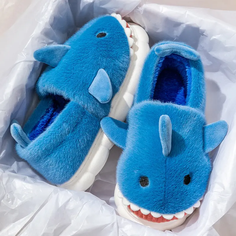 Blue Shark Cartoon Cotton Slippers for Women Winter Indoor - Image 2