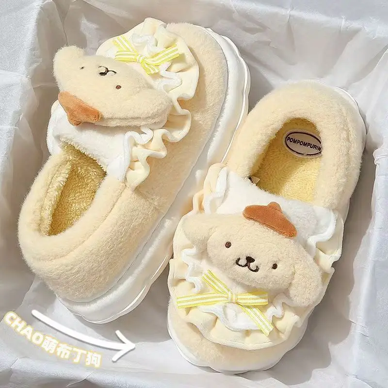 Sanrio Pudding Dog Cotton Slippers Women's Autumn and Winter Flat Heel Cotton Shoes Home Dormitory Female Students Thickened Warm Cotton Slippers