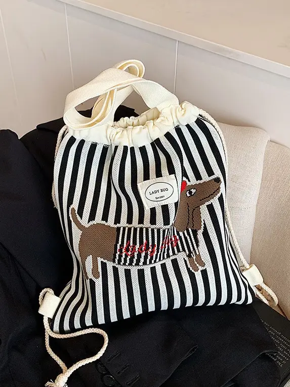 Women's Striped Crossbody Backpack with Rabbit Design - Image 3