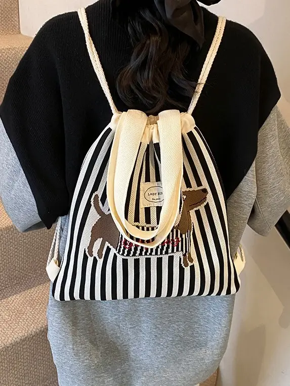 Women's Striped Crossbody Backpack with Rabbit Design - Image 4
