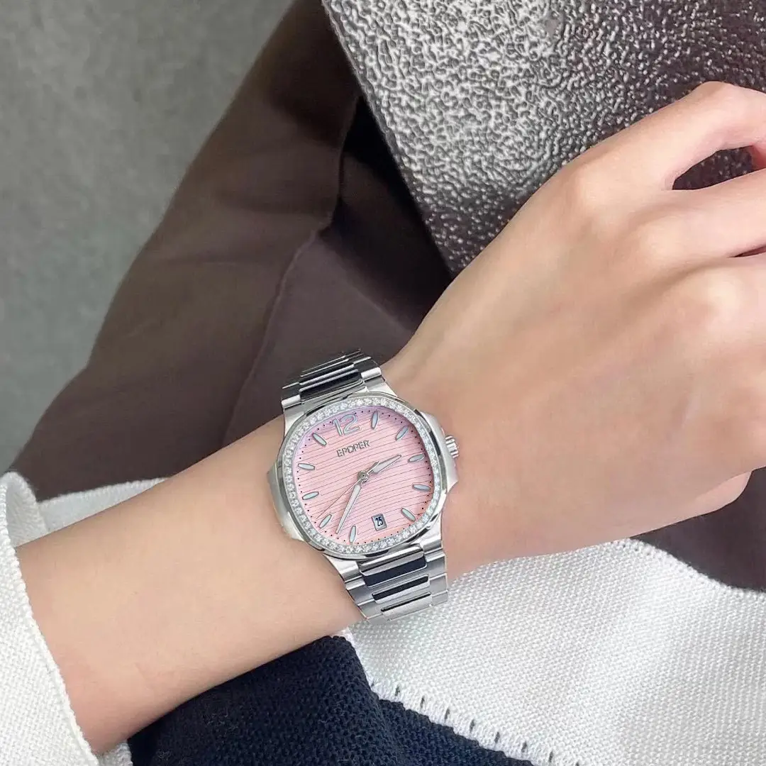 Women's Stainless Steel Light Pink Dial Watch with Calendar — feature 5