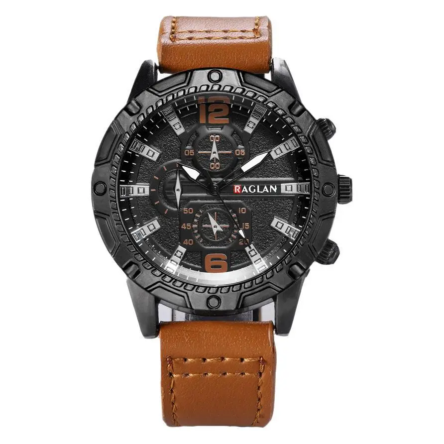 Men's Green Leather Watch with 3 Eyes Quartz & Large Case - Image 9