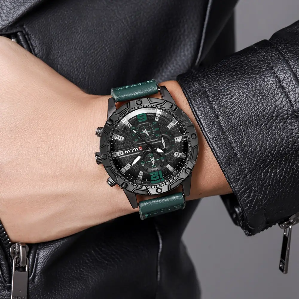 Men's Green Leather Watch with 3 Eyes Quartz & Large Case — feature 10
