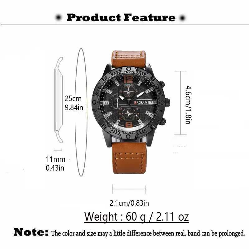 Men's Green Leather Watch with 3 Eyes Quartz & Large Case — feature 11