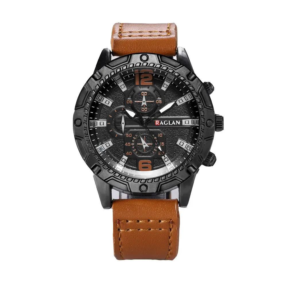 Men's Green Leather Watch with 3 Eyes Quartz & Large Case — feature 12
