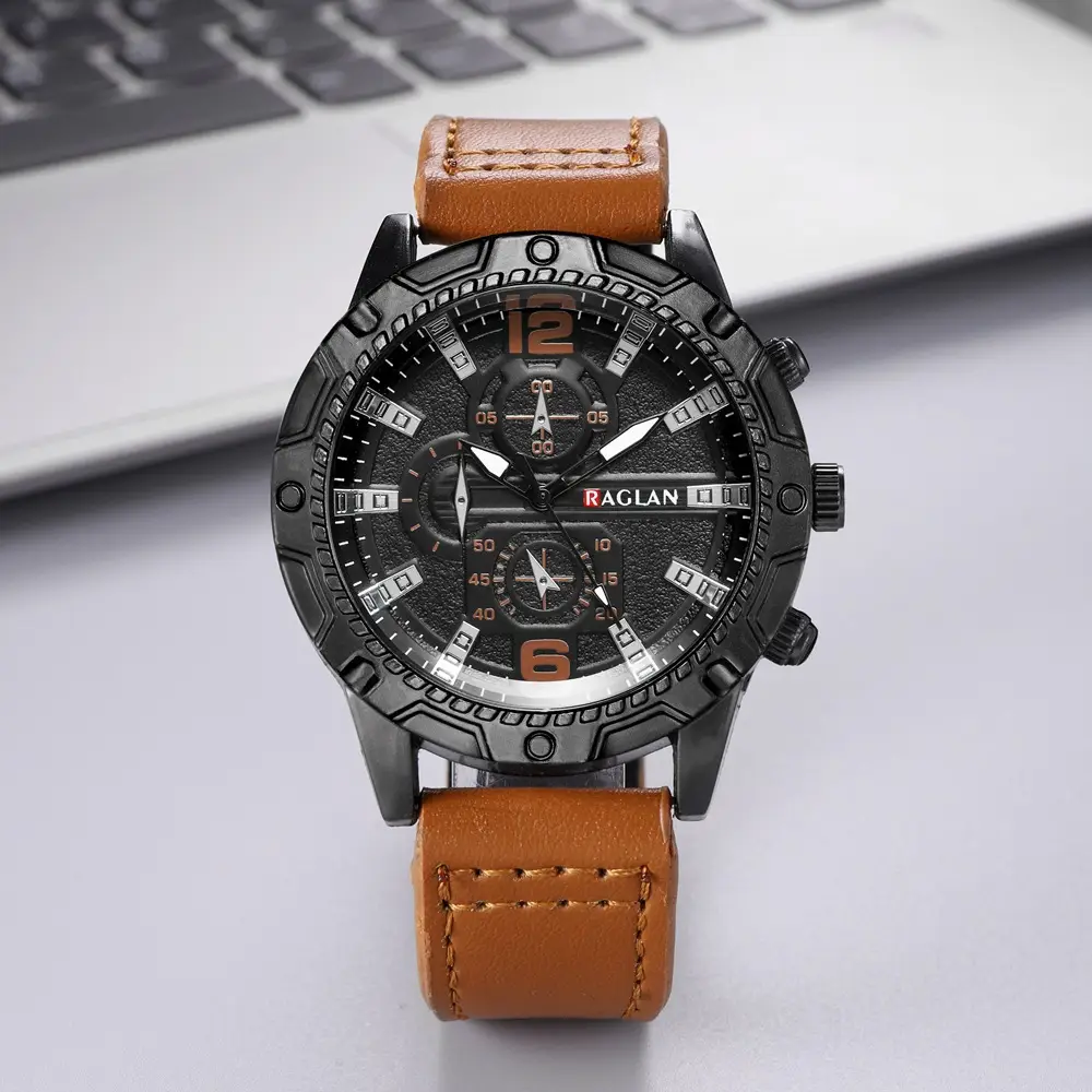 Men's Green Leather Watch with 3 Eyes Quartz & Large Case — feature 2