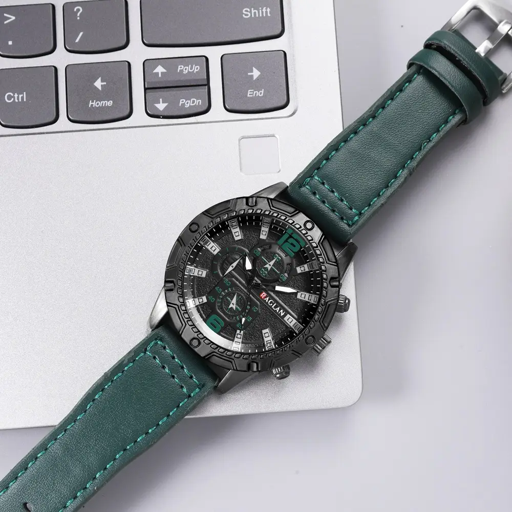 Men's Green Leather Watch with 3 Eyes Quartz & Large Case — feature 4