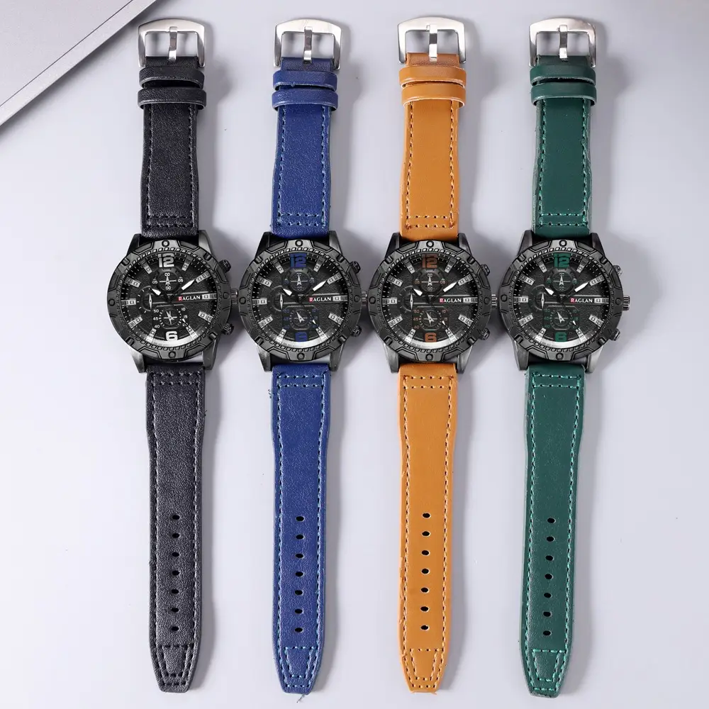 Men's Green Leather Watch with 3 Eyes Quartz & Large Case — feature 6