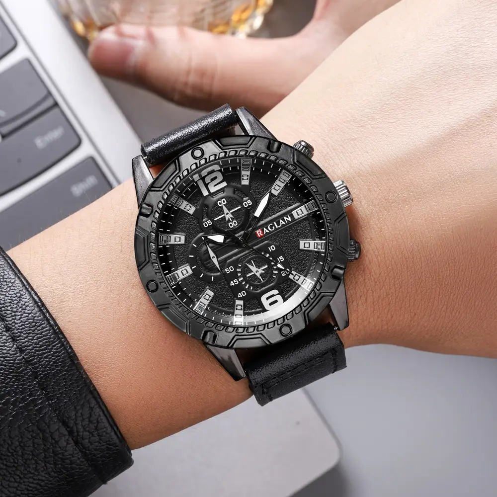 Men's Green Leather Watch with 3 Eyes Quartz & Large Case — feature 9