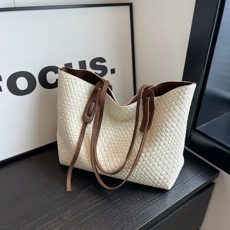 Women's Large Capacity Brown Woven Tote Bag - Image 6