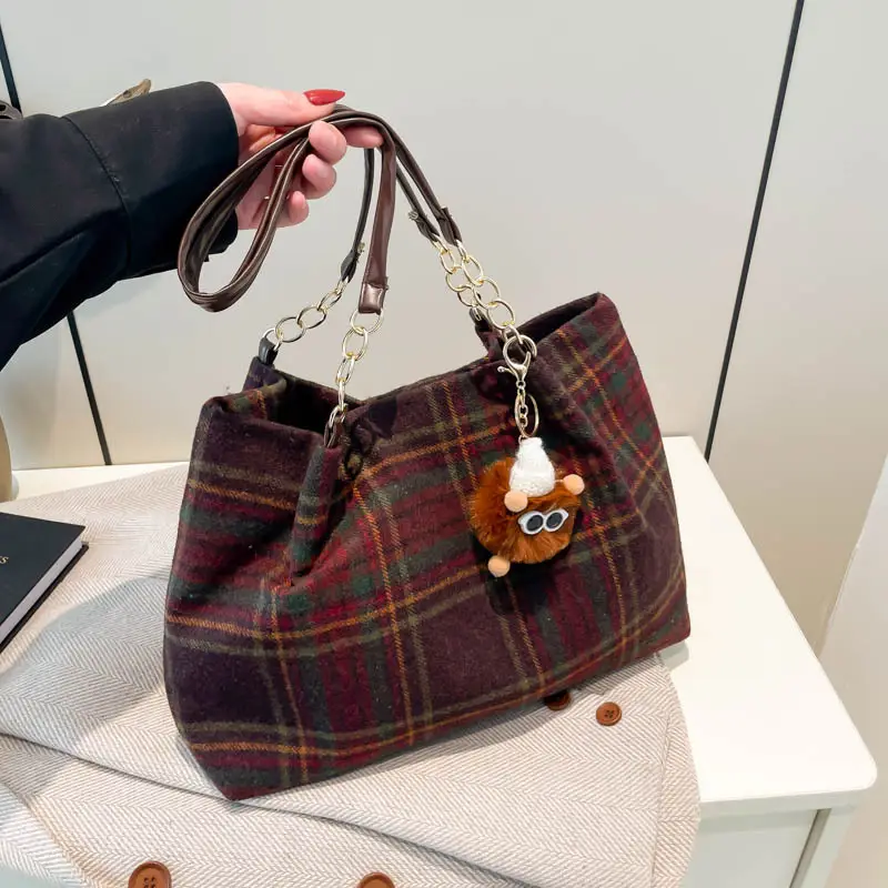 Vintage Plaid Shoulder Bag Women 2024 Woolen Autumn - Image 5