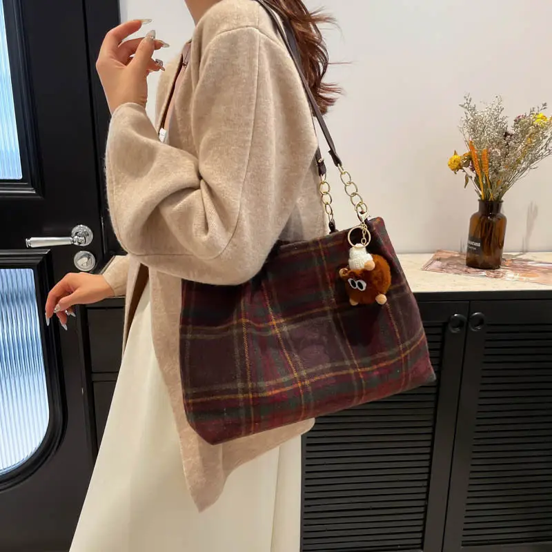 Vintage Plaid Shoulder Bag Women 2024 Woolen Autumn - Image 7