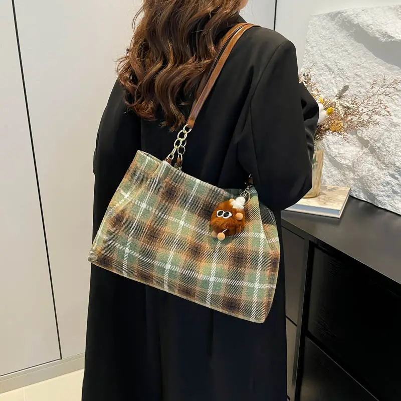 Vintage Plaid Shoulder Bag Women 2024 Woolen Autumn - Image 8