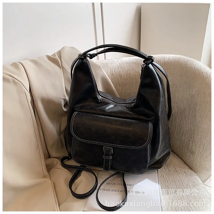 Women's Black Leather Commuter Tote Bag with Single Shoulder Crossbody Strap — feature 13