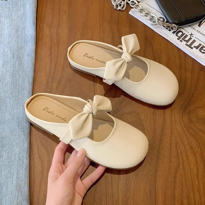 Baotou Slippers Women's Outwear Lazy Shoes 2024 Spring New French Style Gentle Bow Slip-on Half Shoes