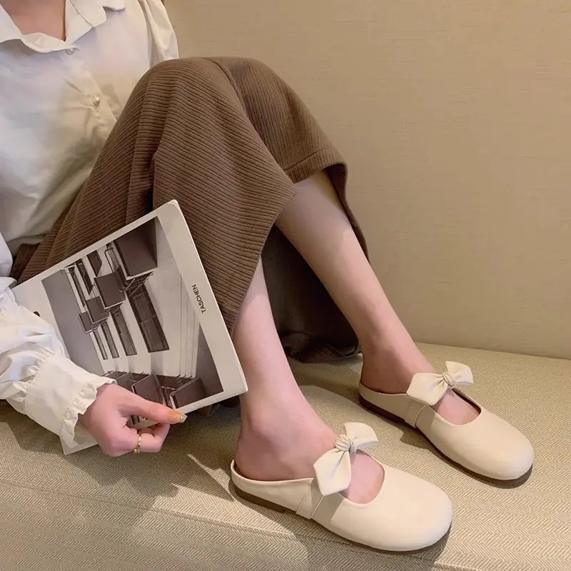 Baotou Slippers Women's Outwear Lazy Shoes 2024 Spring New French Style Gentle Bow Slip-on Half Shoes