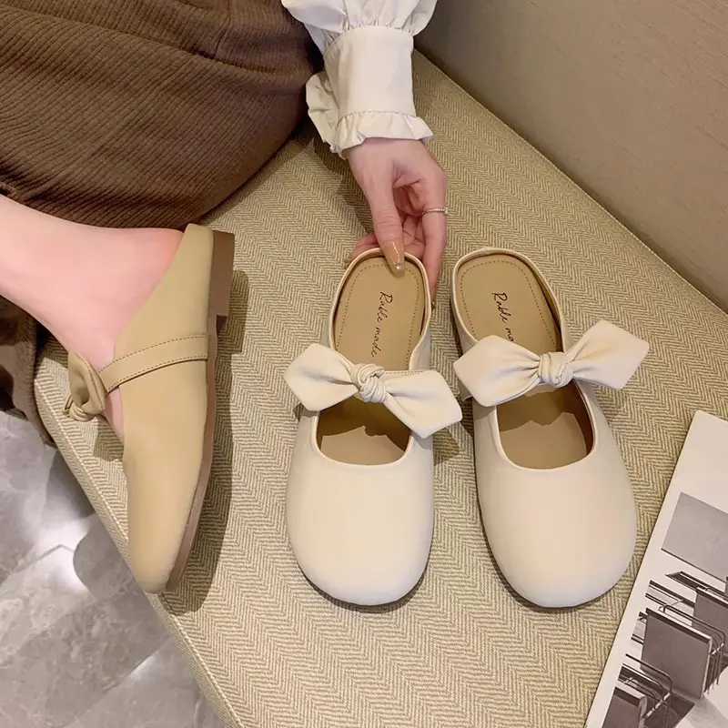 Baotou Slippers Women's Outwear Lazy Shoes 2024 Spring New French Style Gentle Bow Slip-on Half Shoes
