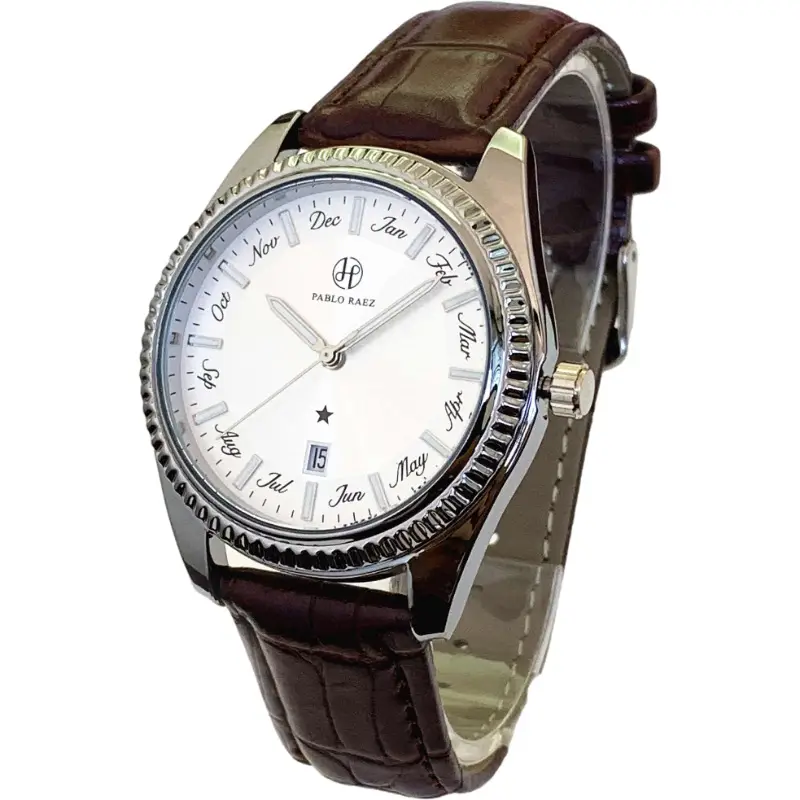 Men's Brown Leather Strap Quartz Watch with Luminous Dial