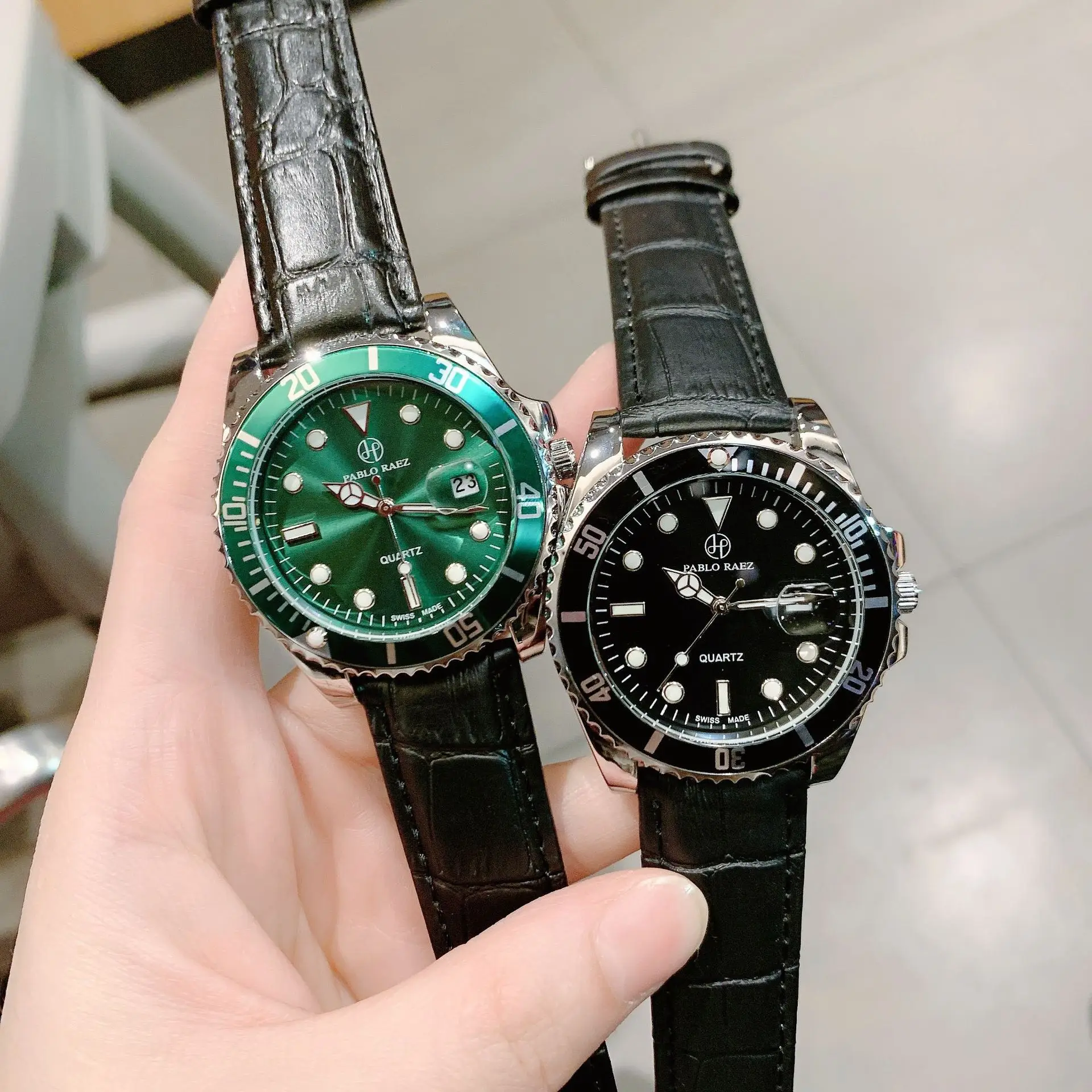 Men's Black Leather Belt Watch with Green Dial & Quartz Movement