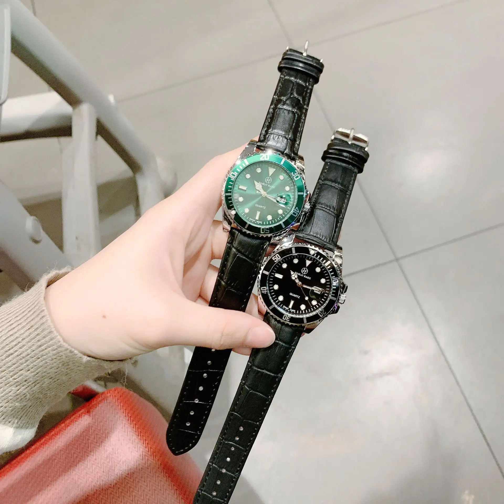 Men's Black Leather Belt Watch with Green Dial & Quartz Movement