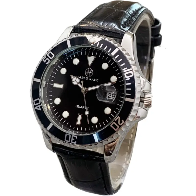 Men's Black Leather Belt Watch with Green Dial & Quartz Movement