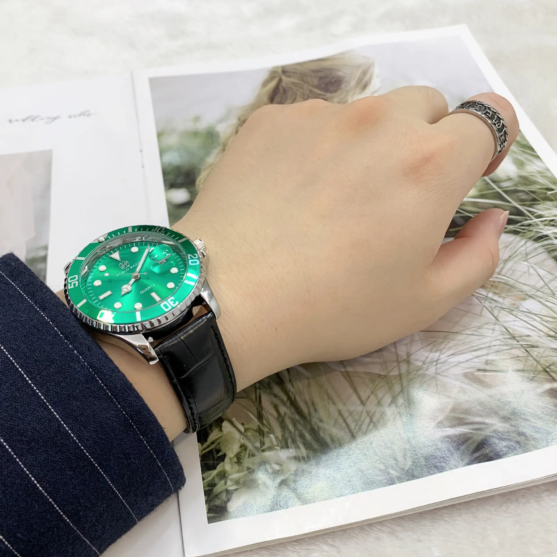 Men's Black Leather Belt Watch with Green Dial & Quartz Movement — feature 19