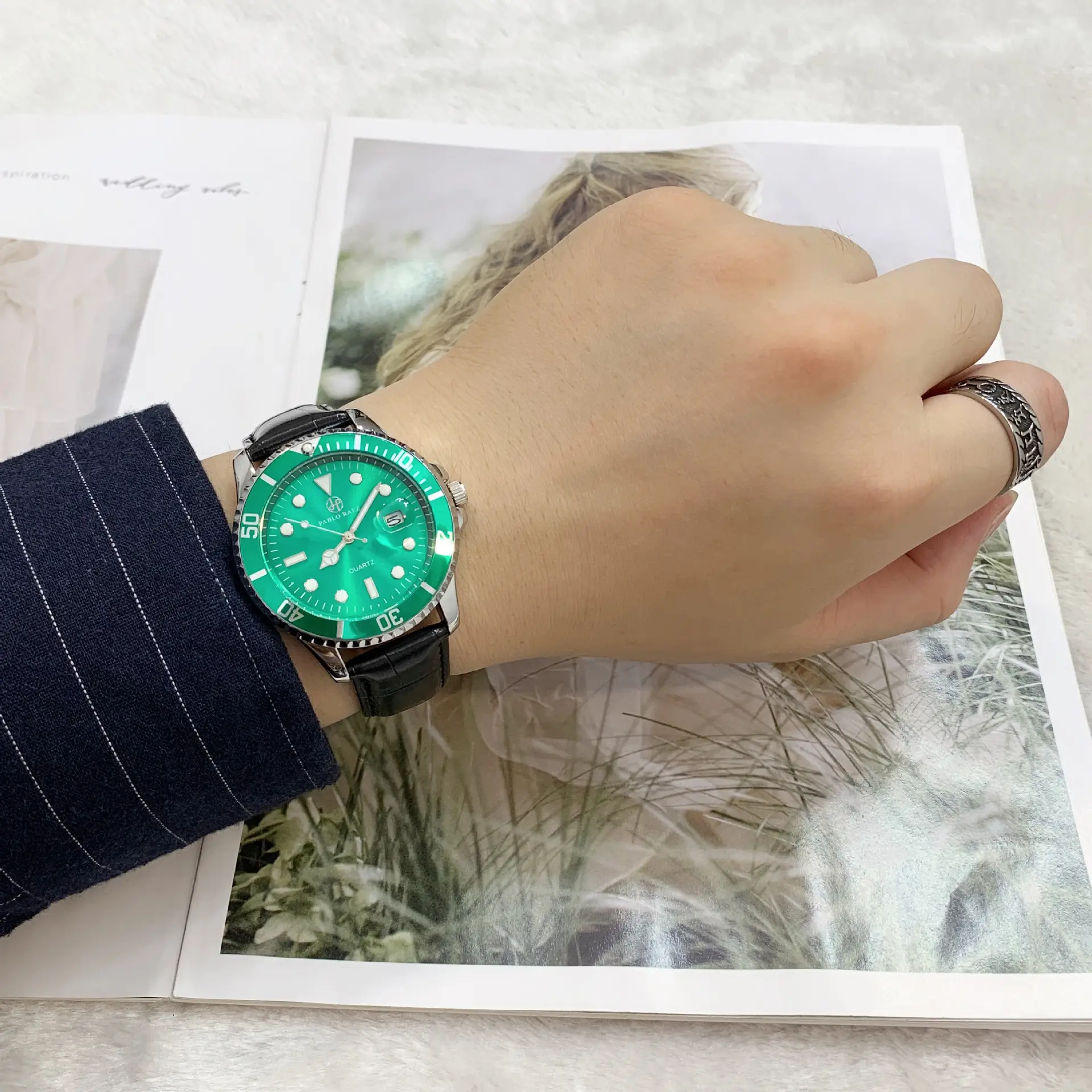 Men's Black Leather Belt Watch with Green Dial & Quartz Movement — feature 20