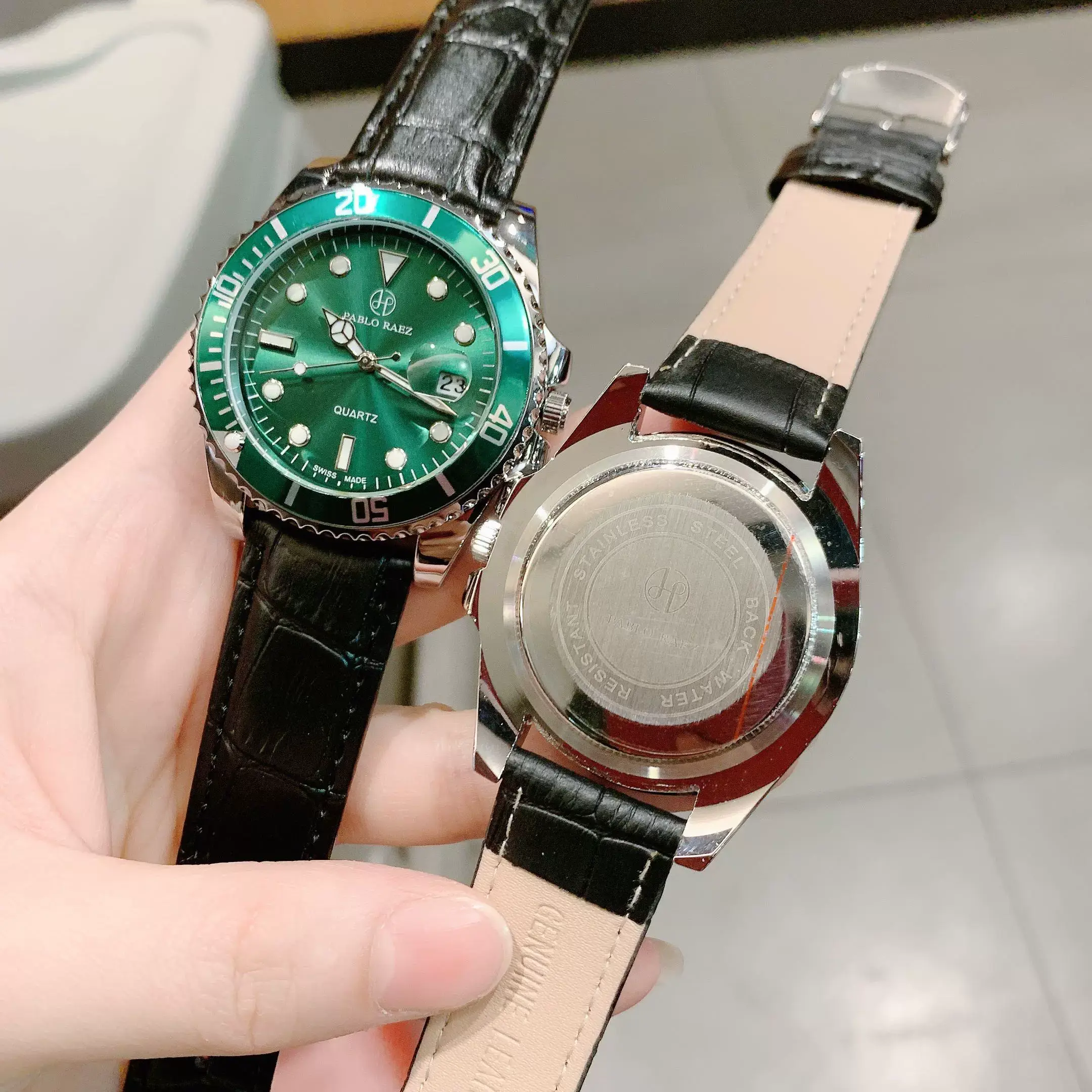 Men's Black Leather Belt Watch with Green Dial & Quartz Movement — feature 7