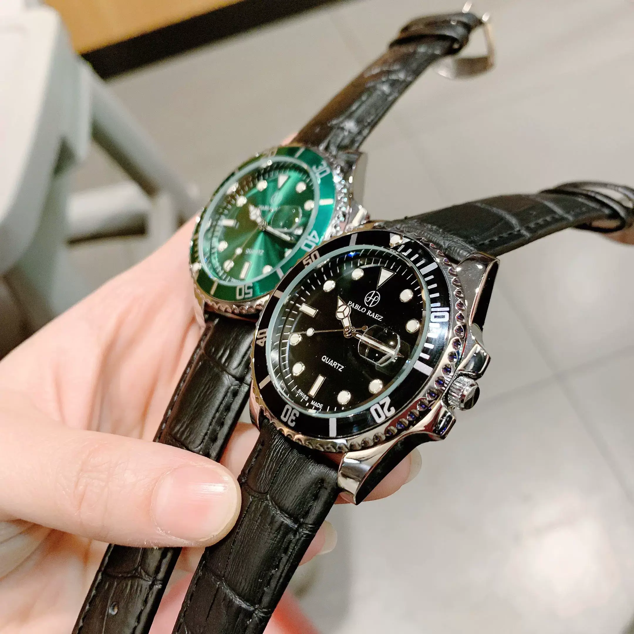Men's Black Leather Belt Watch with Green Dial & Quartz Movement — feature 9