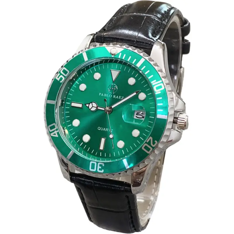 Men's Black Leather Belt Watch with Green Dial & Quartz Movement