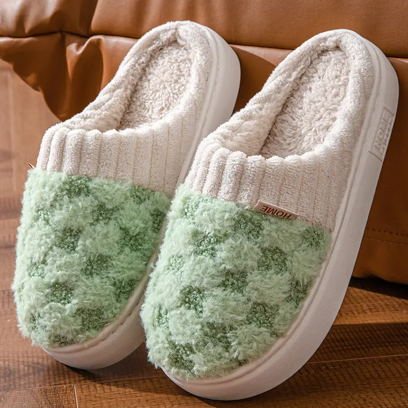 Cotton Slippers Green White Warm Indoor Women Winter - Image 3