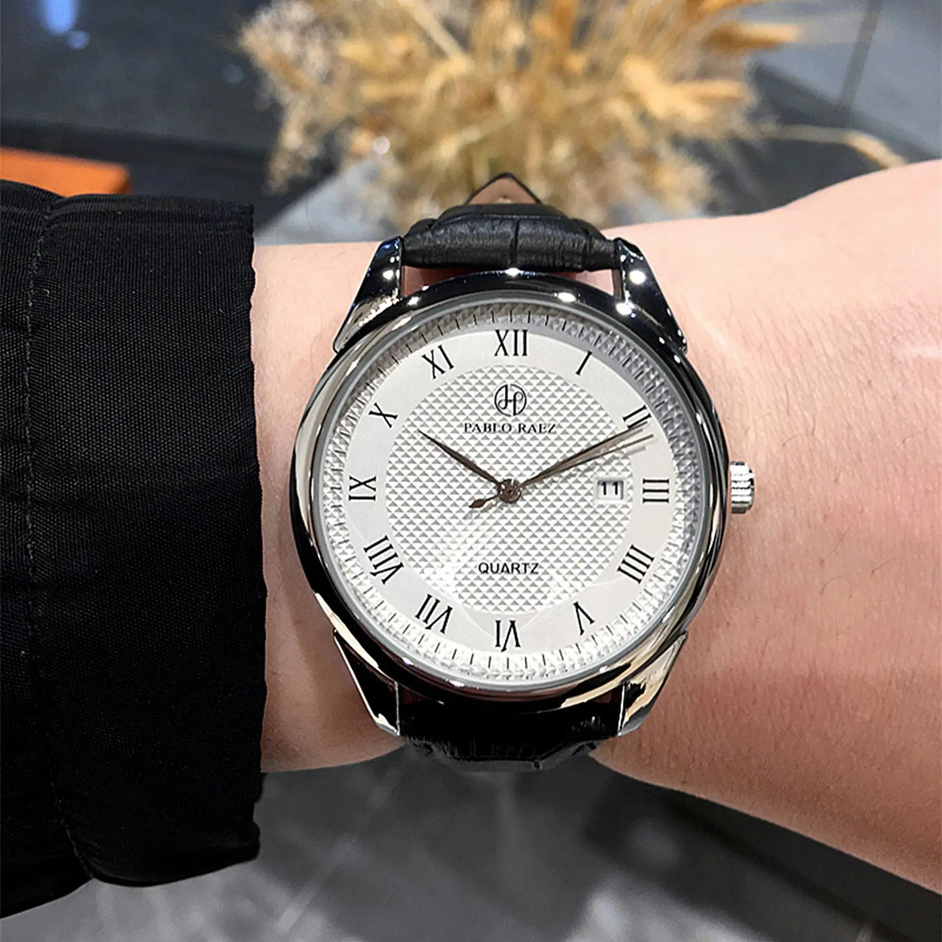 Men's Stainless Steel Quartz Watch Black Leather Strap