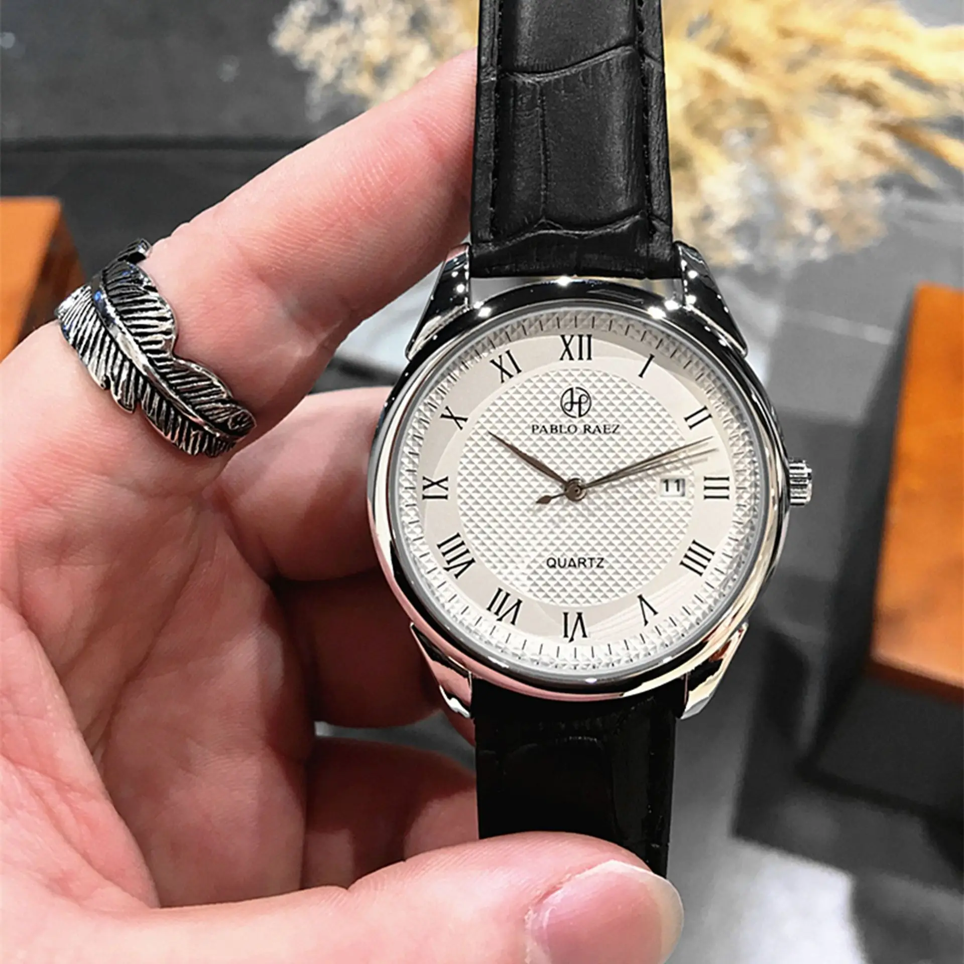 Men's Stainless Steel Quartz Watch Black Leather Strap - Image 9