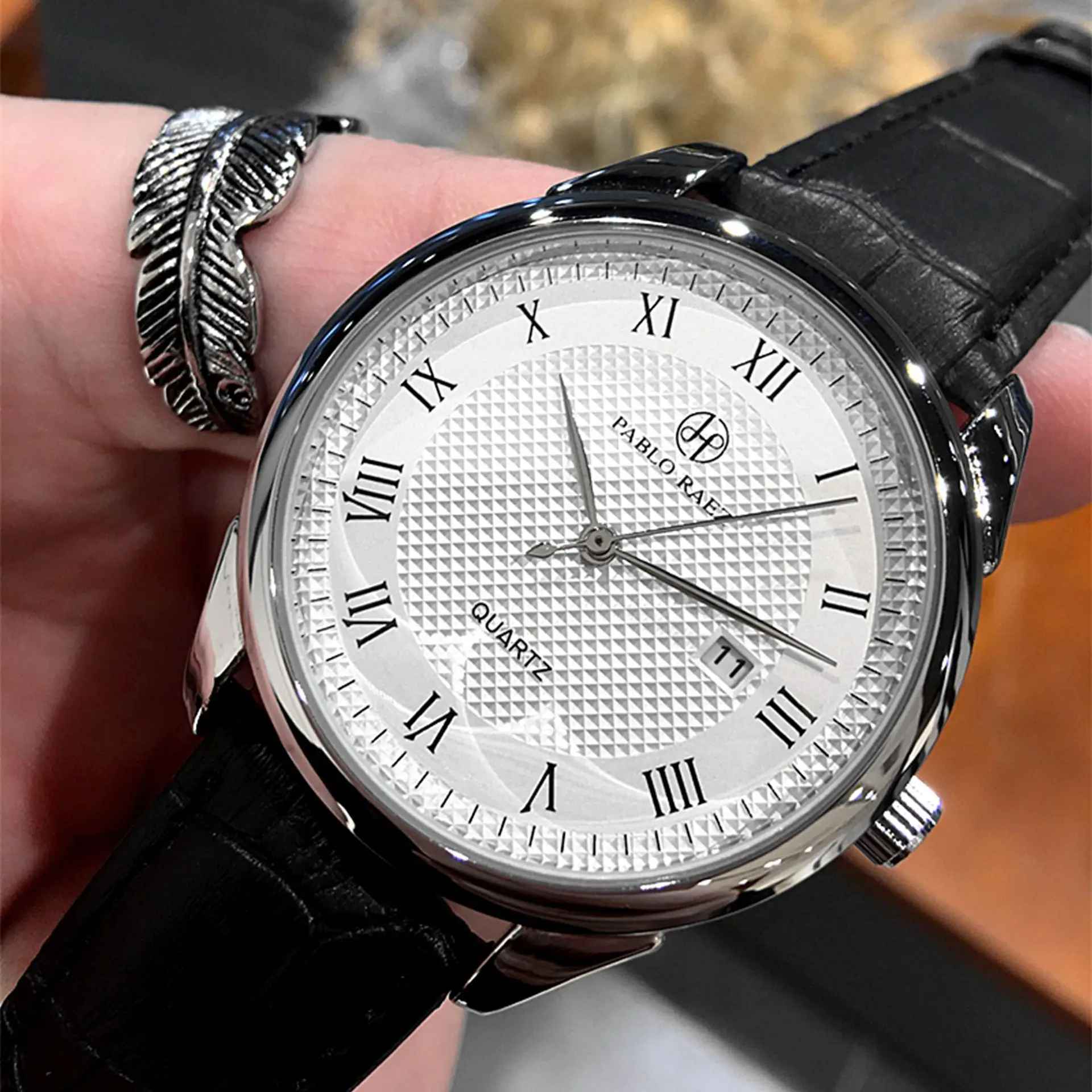 Men's Stainless Steel Quartz Watch Black Leather Strap - Image 10