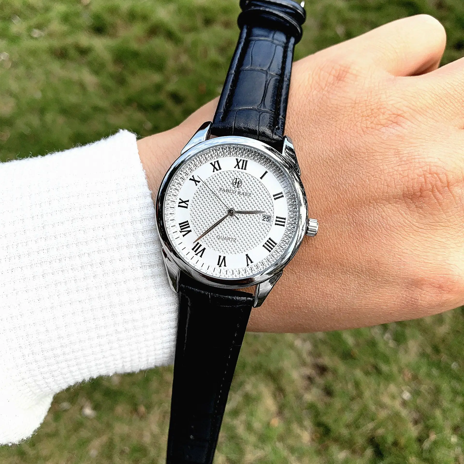 Men's Stainless Steel Quartz Watch Black Leather Strap — feature 13