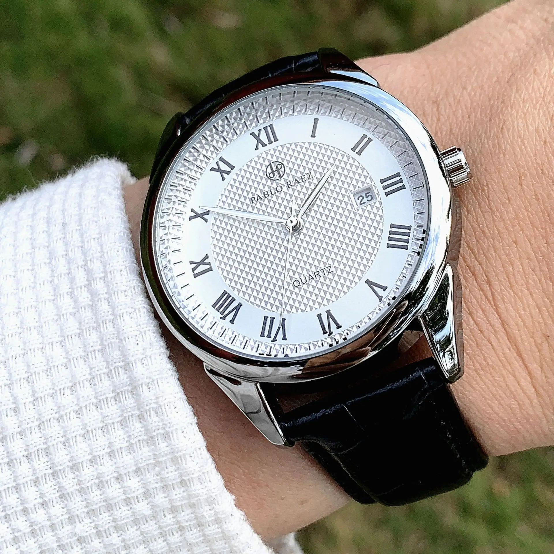 Men's Stainless Steel Quartz Watch Black Leather Strap — feature 8