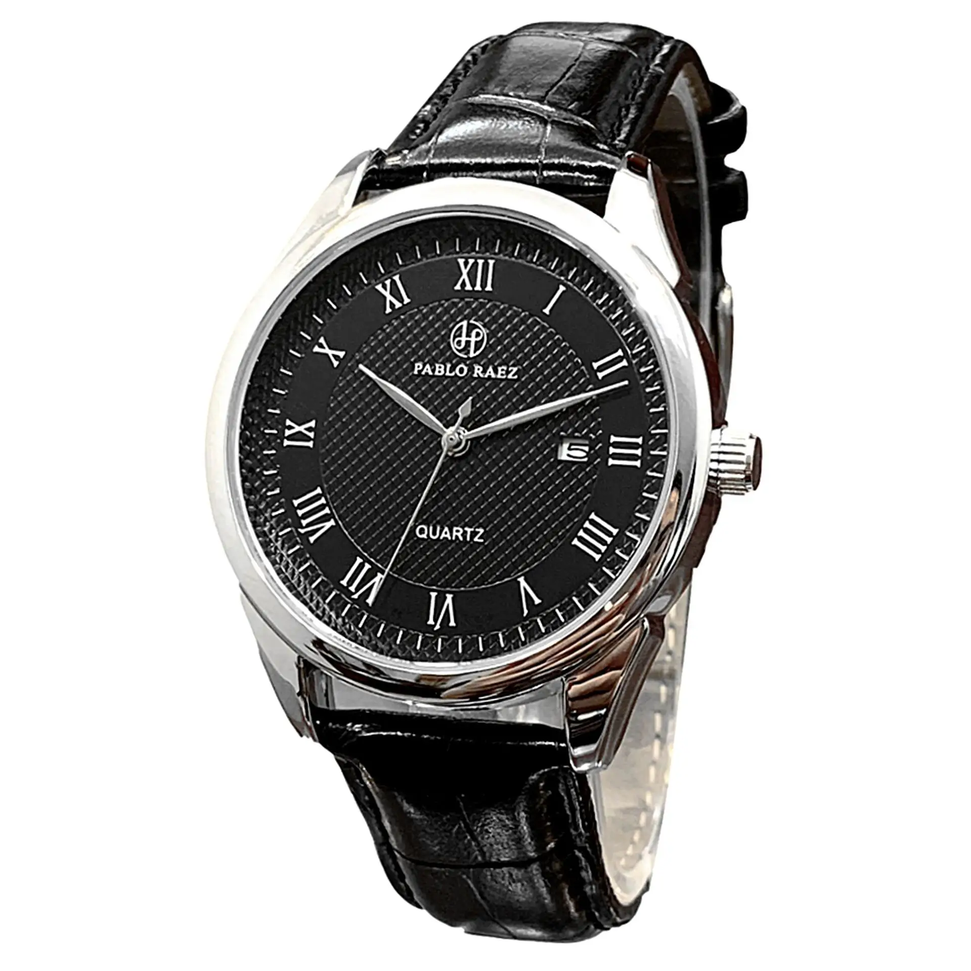 Men's Stainless Steel Quartz Watch Black Leather Strap - Image 2