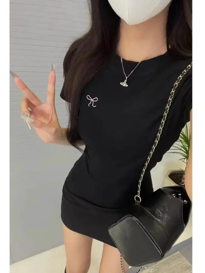 Ins Pure Desire Embroidery Summer Slim Short-Sleeved T-Shirt for Women Korean Style Bow Round Neck Contrasting Color Bottoming Top for Women Wholesale