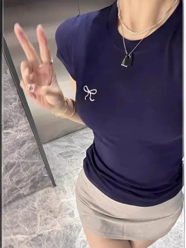 Ins Pure Desire Embroidery Summer Slim Short-Sleeved T-Shirt for Women Korean Style Bow Round Neck Contrasting Color Bottoming Top for Women Wholesale