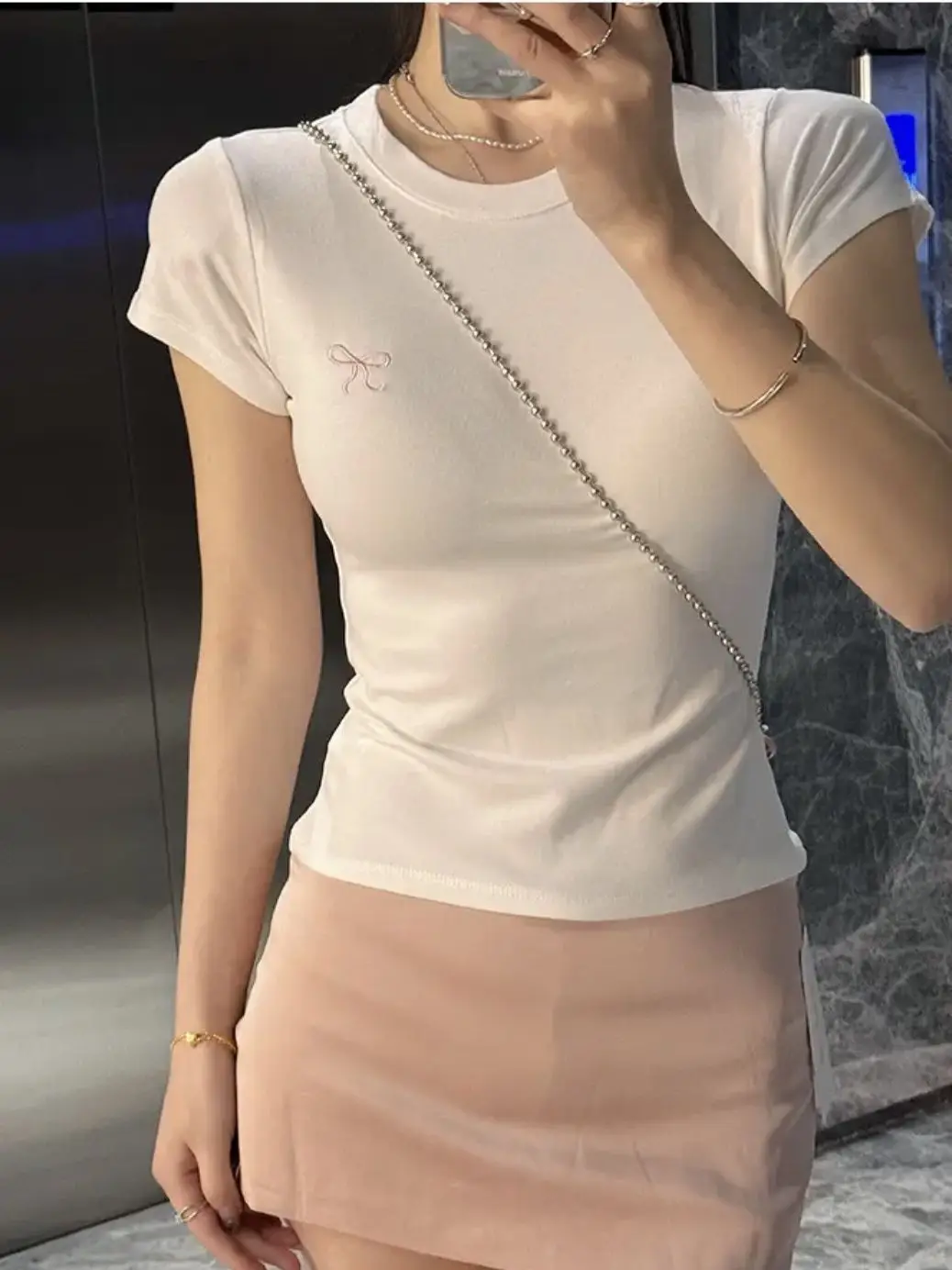 Ins Pure Desire Embroidery Summer Slim Short-Sleeved T-Shirt for Women Korean Style Bow Round Neck Contrasting Color Bottoming Top for Women Wholesale