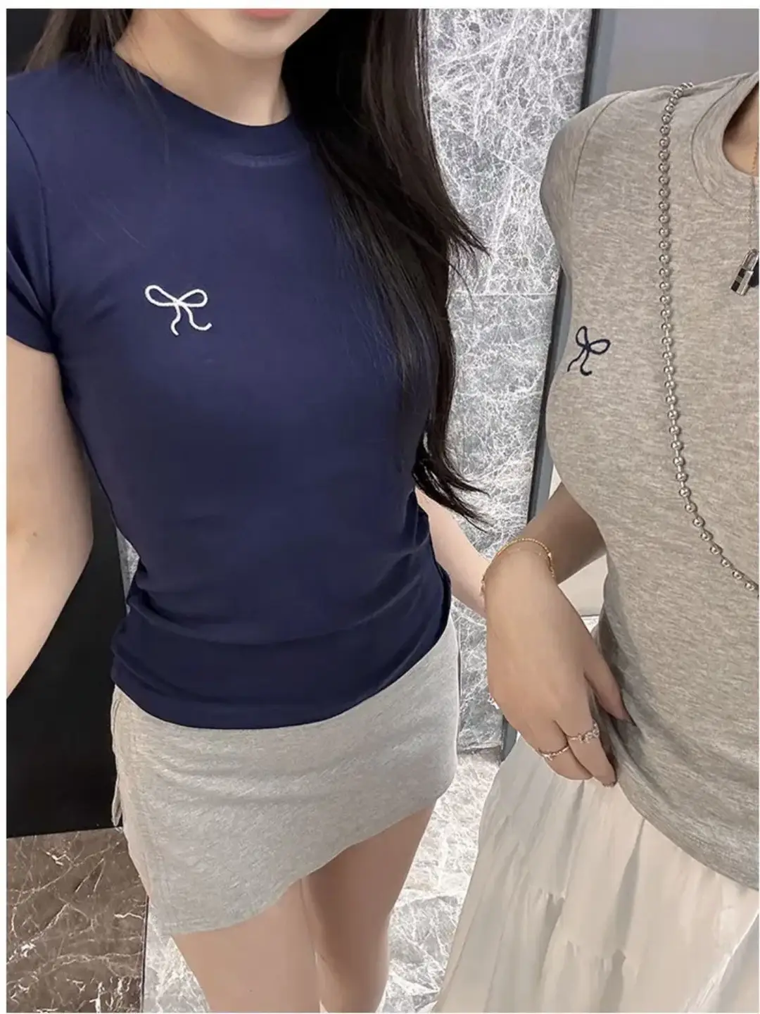Ins Pure Desire Embroidery Summer Slim Short-Sleeved T-Shirt for Women Korean Style Bow Round Neck Contrasting Color Bottoming Top for Women Wholesale — feature 7