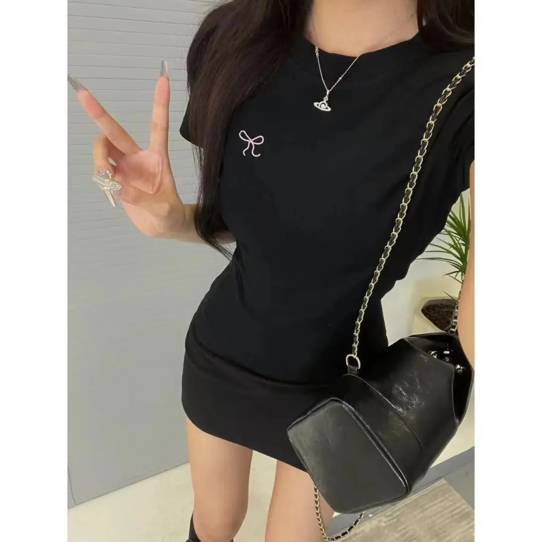 Ins Pure Desire Embroidery Summer Slim Short-Sleeved T-Shirt for Women Korean Style Bow Round Neck Contrasting Color Bottoming Top for Women Wholesale — feature 9